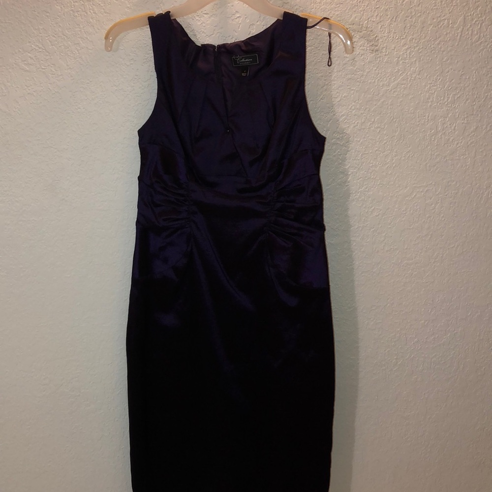 Purple shantung ruched sheath